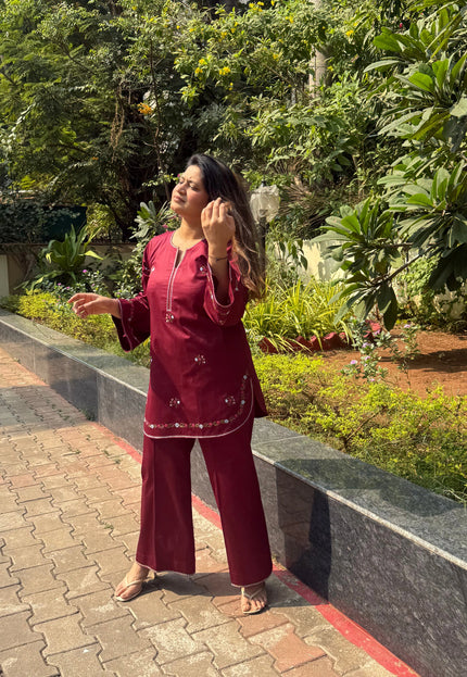 Dark Maroon Embroidered Kurta Co-Ord Set