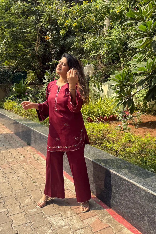 Dark Maroon Embroidered Kurta Co-Ord Set