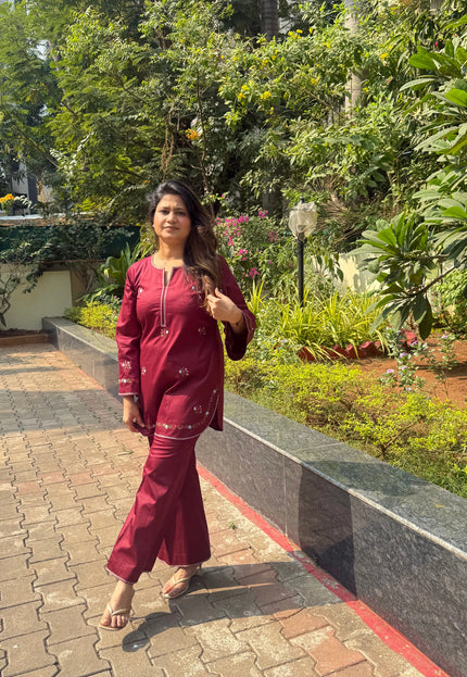 Dark Maroon Embroidered Kurta Co-Ord Set