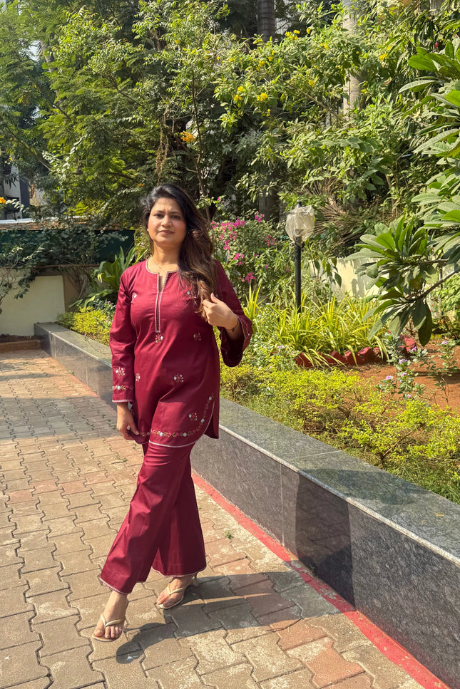 Dark Maroon Embroidered Kurta Co-Ord Set