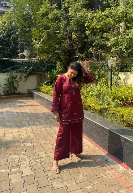 Dark Maroon Embroidered Kurta Co-Ord Set
