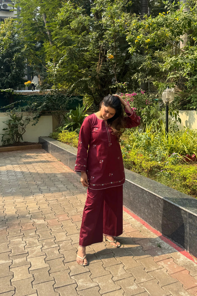 Dark Maroon Embroidered Kurta Co-Ord Set