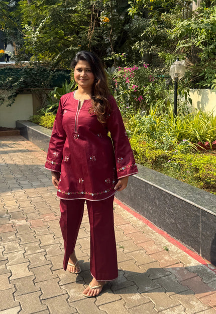 Dark Maroon Embroidered Kurta Co-Ord Set