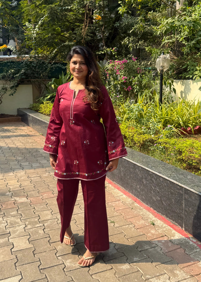 Dark Maroon Embroidered Kurta Co-Ord Set