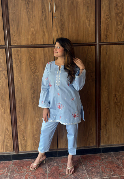 Powder Blue Embroidered Kurta Co-Ord Set