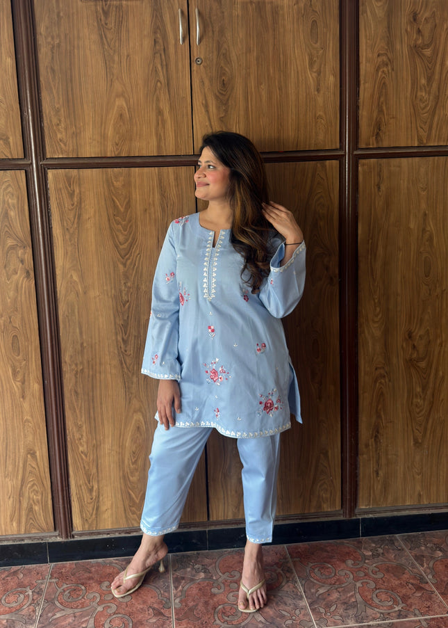 Powder Blue Embroidered Kurta Co-Ord Set