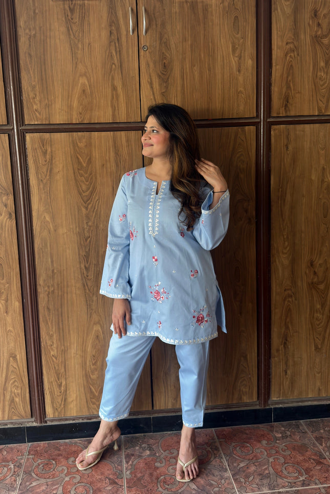 Powder Blue Embroidered Kurta Co-Ord Set