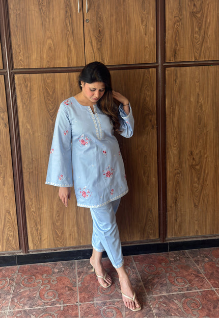Powder Blue Embroidered Kurta Co-Ord Set
