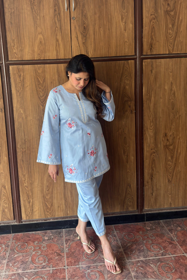 Powder Blue Embroidered Kurta Co-Ord Set