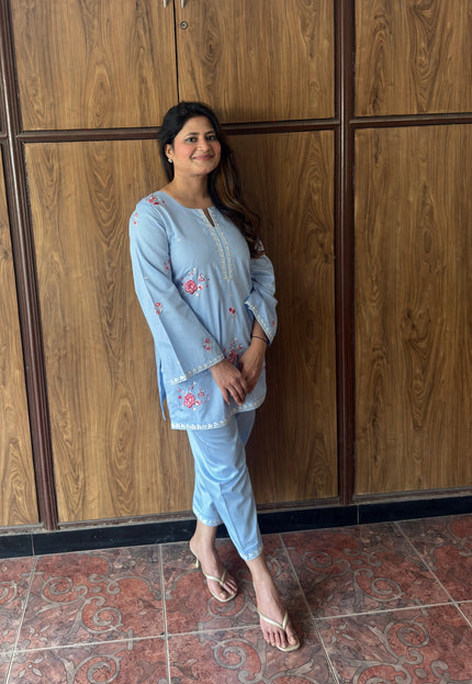 Powder Blue Embroidered Kurta Co-Ord Set