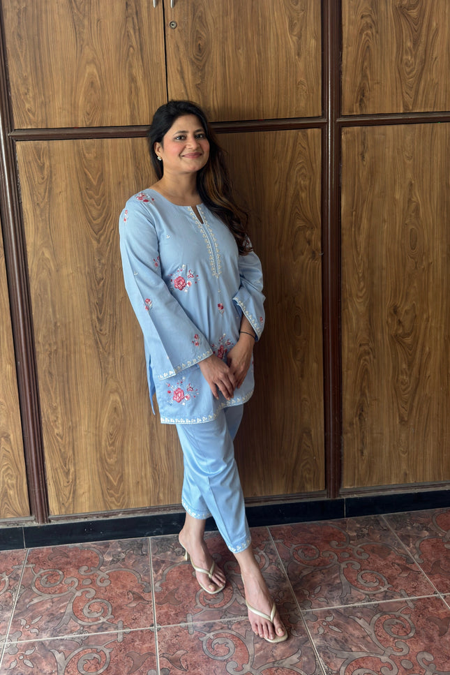 Powder Blue Embroidered Kurta Co-Ord Set
