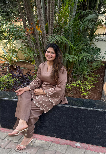 Mocha Embroidered Kurta Co-Ord Set