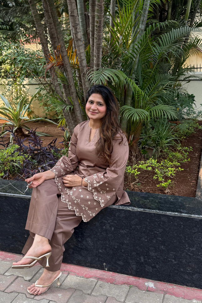 Mocha Embroidered Kurta Co-Ord Set