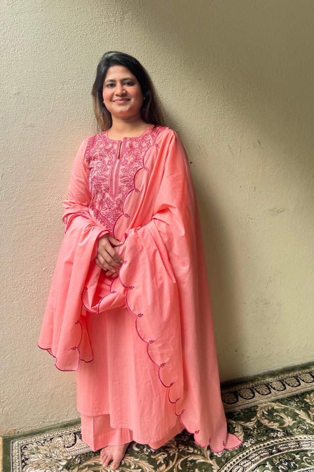 Coral Embroidered Kurta Set with Dupatta