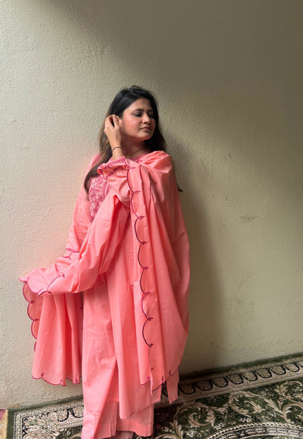Coral Embroidered Kurta Set with Dupatta