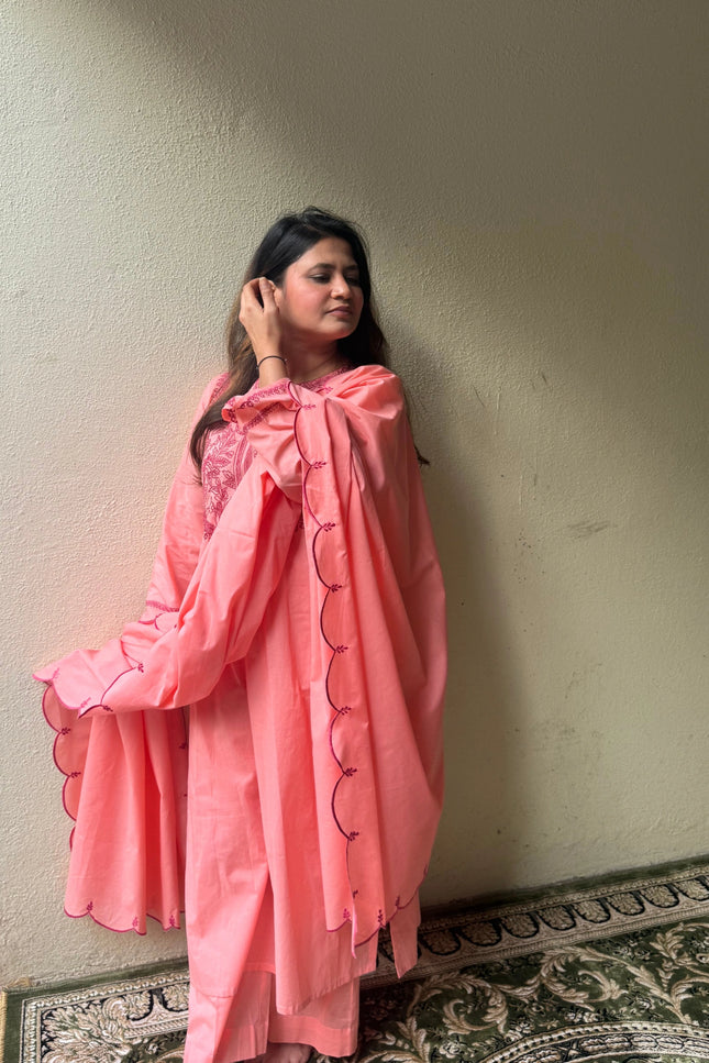 Coral Embroidered Kurta Set with Dupatta