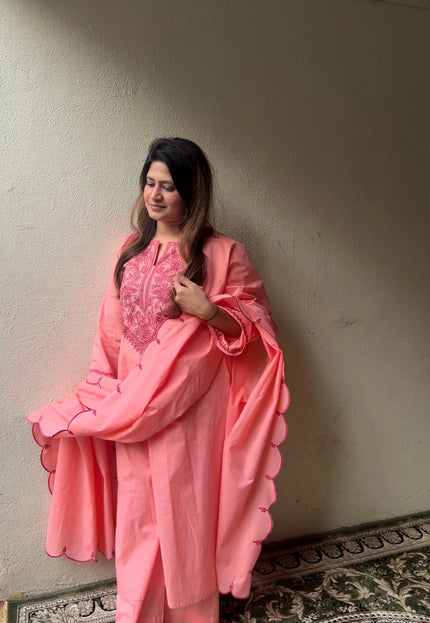 Coral Embroidered Kurta Set with Dupatta