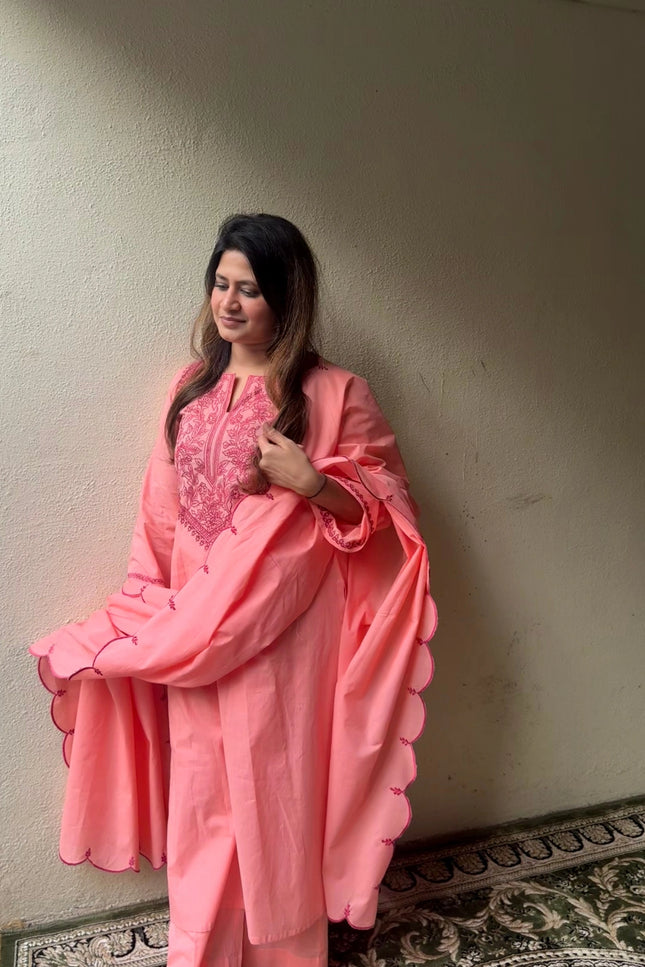 Coral Embroidered Kurta Set with Dupatta