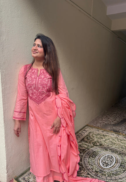Coral Embroidered Kurta Set with Dupatta