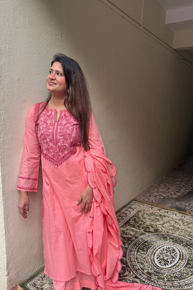 Coral Embroidered Kurta Set with Dupatta