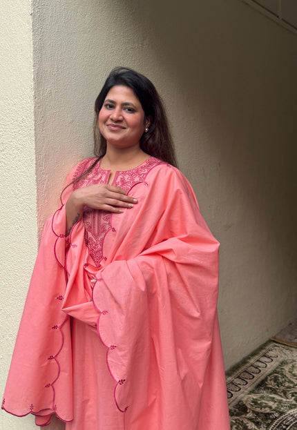 Coral Embroidered Kurta Set with Dupatta