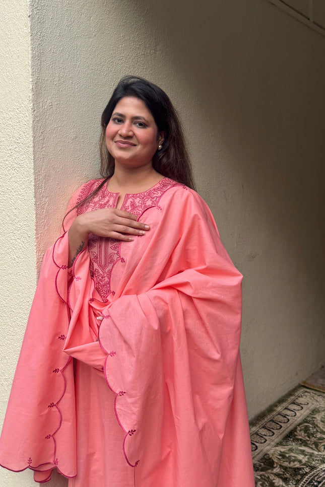 Coral Embroidered Kurta Set with Dupatta