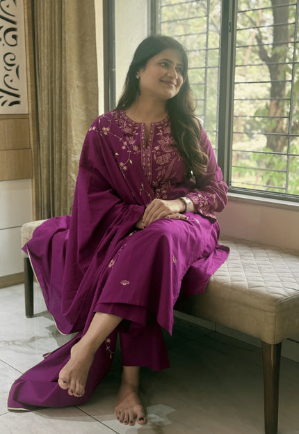 Magenta Embroidered Kurta Set