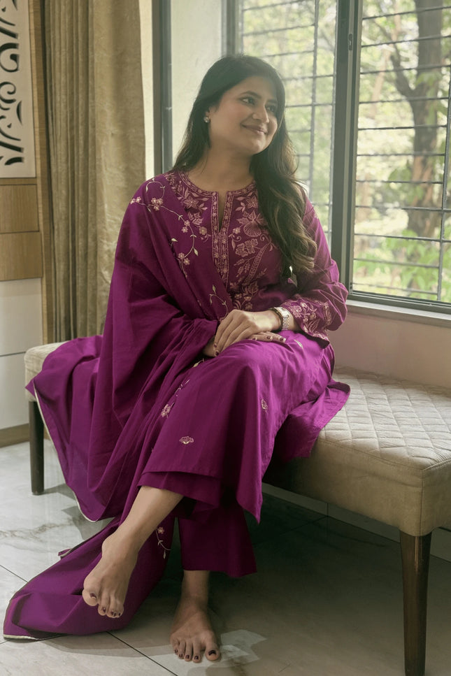 Magenta Embroidered Kurta Set
