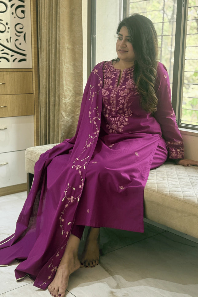 Magenta Embroidered Kurta Set