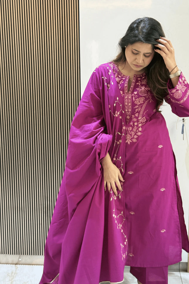 Magenta Embroidered Kurta Set