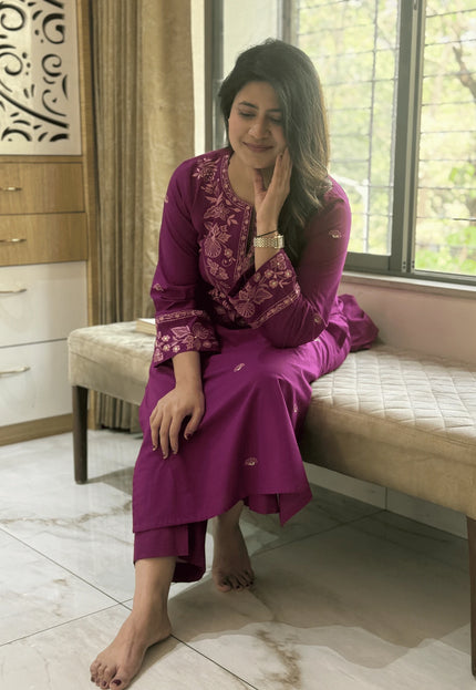 Magenta Embroidered Kurta Set