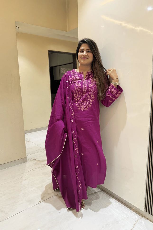 Magenta Embroidered Kurta Set