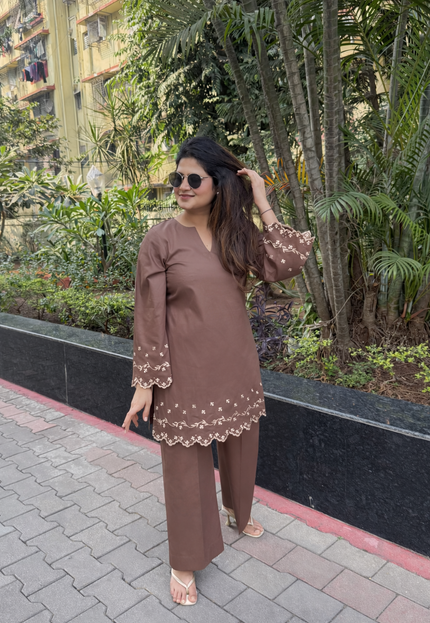 Mocha Embroidered Kurta Co-Ord Set