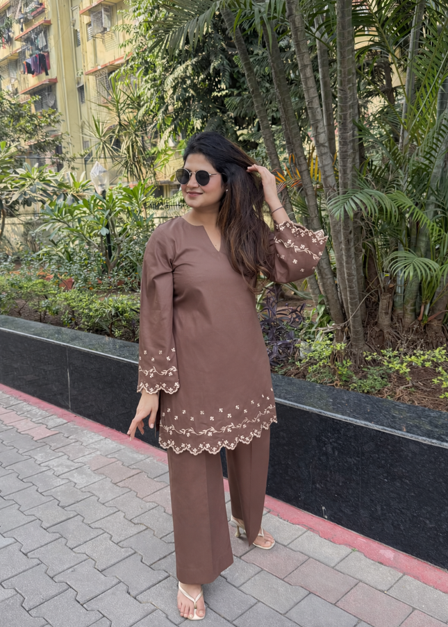Mocha Embroidered Kurta Co-Ord Set