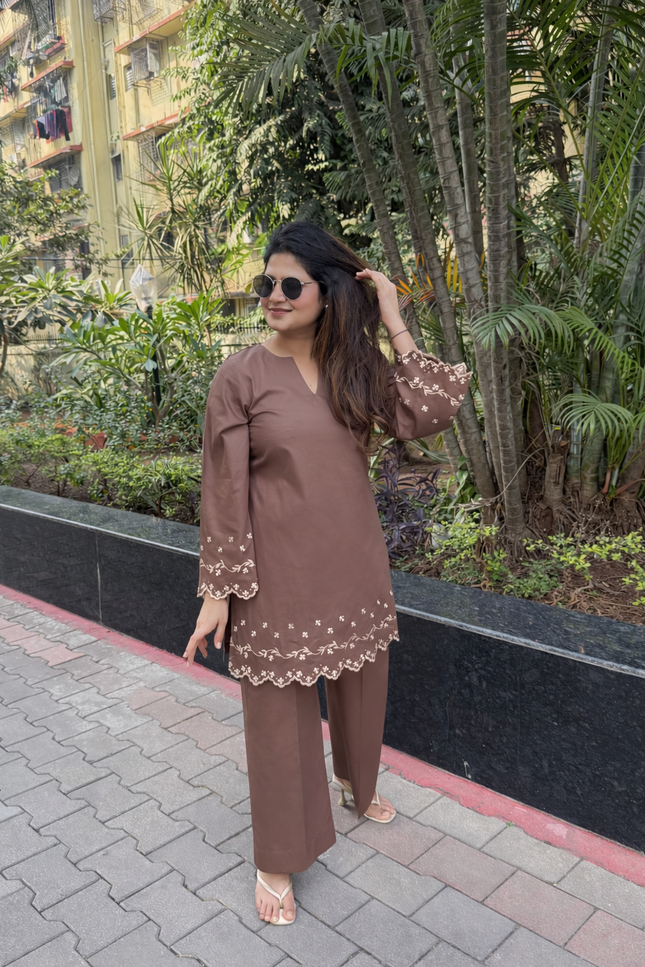 Mocha Embroidered Kurta Co-Ord Set