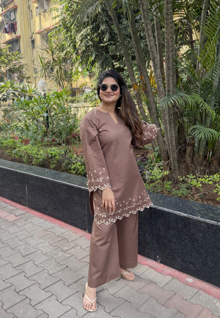 Mocha Embroidered Kurta Co-Ord Set
