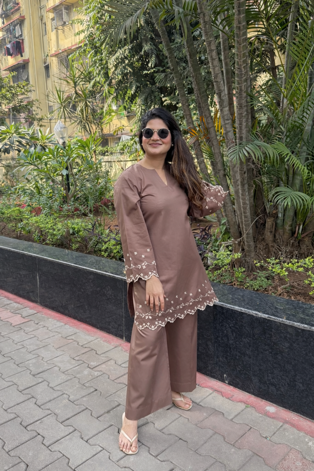 Mocha Embroidered Kurta Co-Ord Set