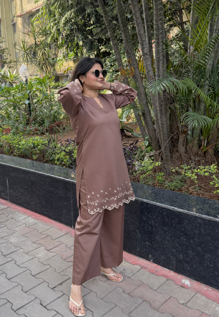 Mocha Embroidered Kurta Co-Ord Set