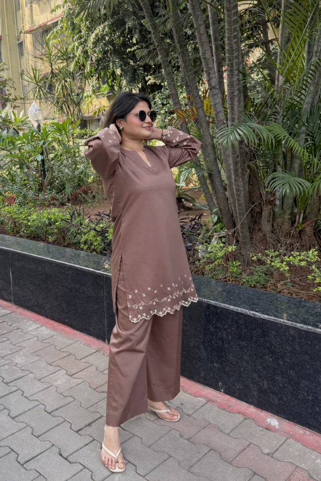Mocha Embroidered Kurta Co-Ord Set