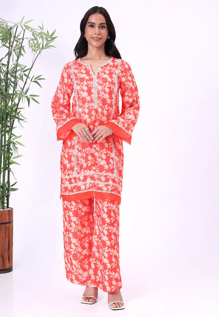 Orange Floral Printed Kurta Set with Lace Detailing