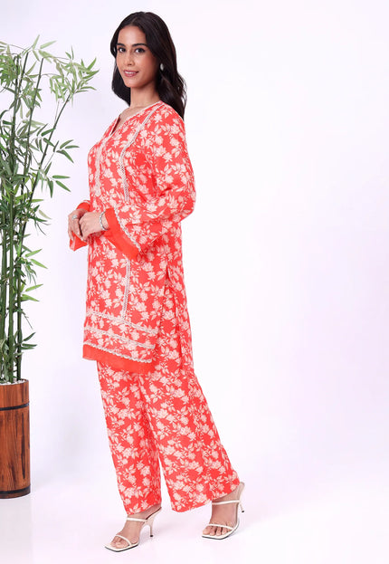 Orange Floral Printed Kurta Set with Lace Detailing