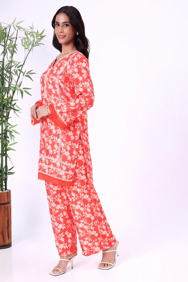Orange Floral Printed Kurta Set with Lace Detailing