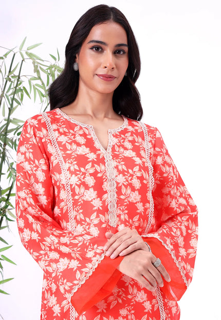 Orange Floral Printed Kurta Set with Lace Detailing