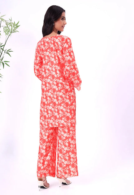 Orange Floral Printed Kurta Set with Lace Detailing