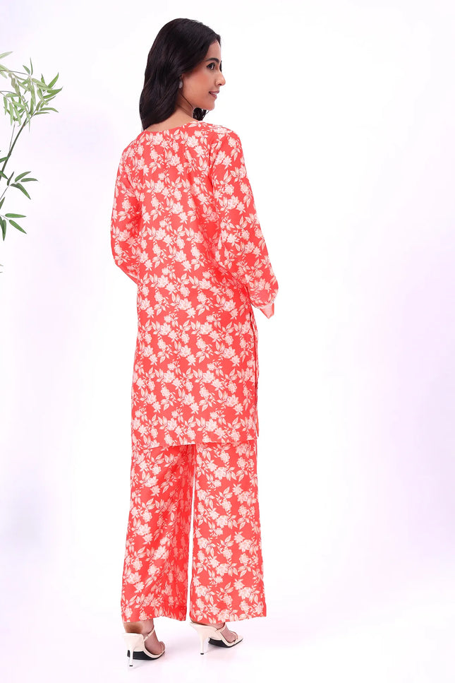 Orange Floral Printed Kurta Set with Lace Detailing