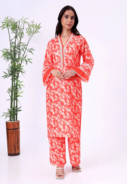 Orange Floral Printed V-Neck Kurta Set with Lace Detailing