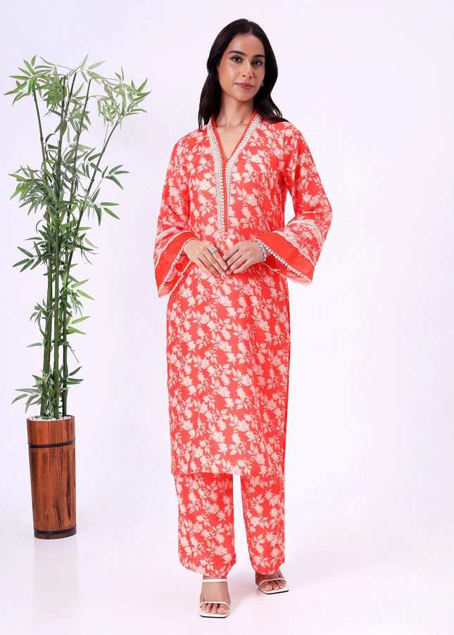 Orange Floral Printed V-Neck Kurta Set with Lace Detailing