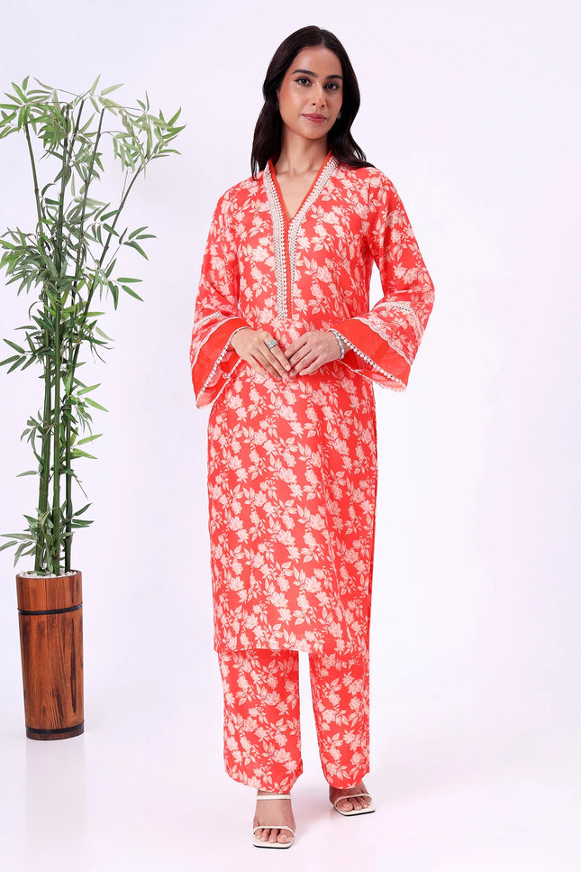 Orange Floral Printed V-Neck Kurta Set with Lace Detailing