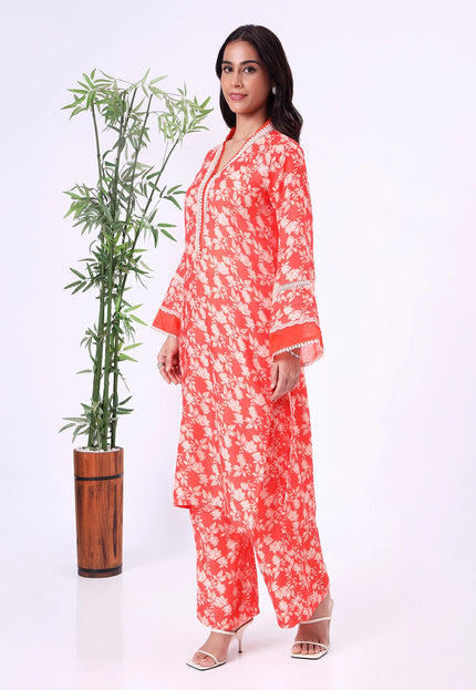 Orange Floral Printed V-Neck Kurta Set with Lace Detailing