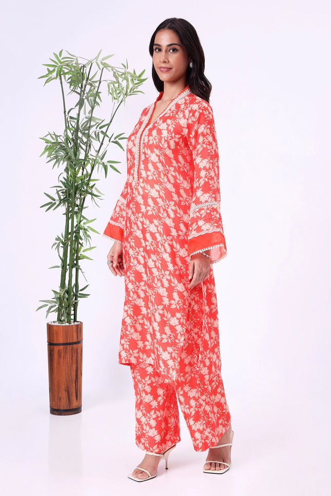 Orange Floral Printed V-Neck Kurta Set with Lace Detailing